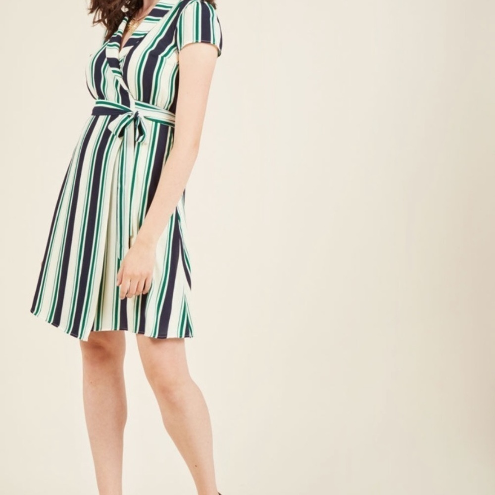 Modcloth Striped Shawl Collar Short Sleeve Wrap Dress Cream Green Blue Medium